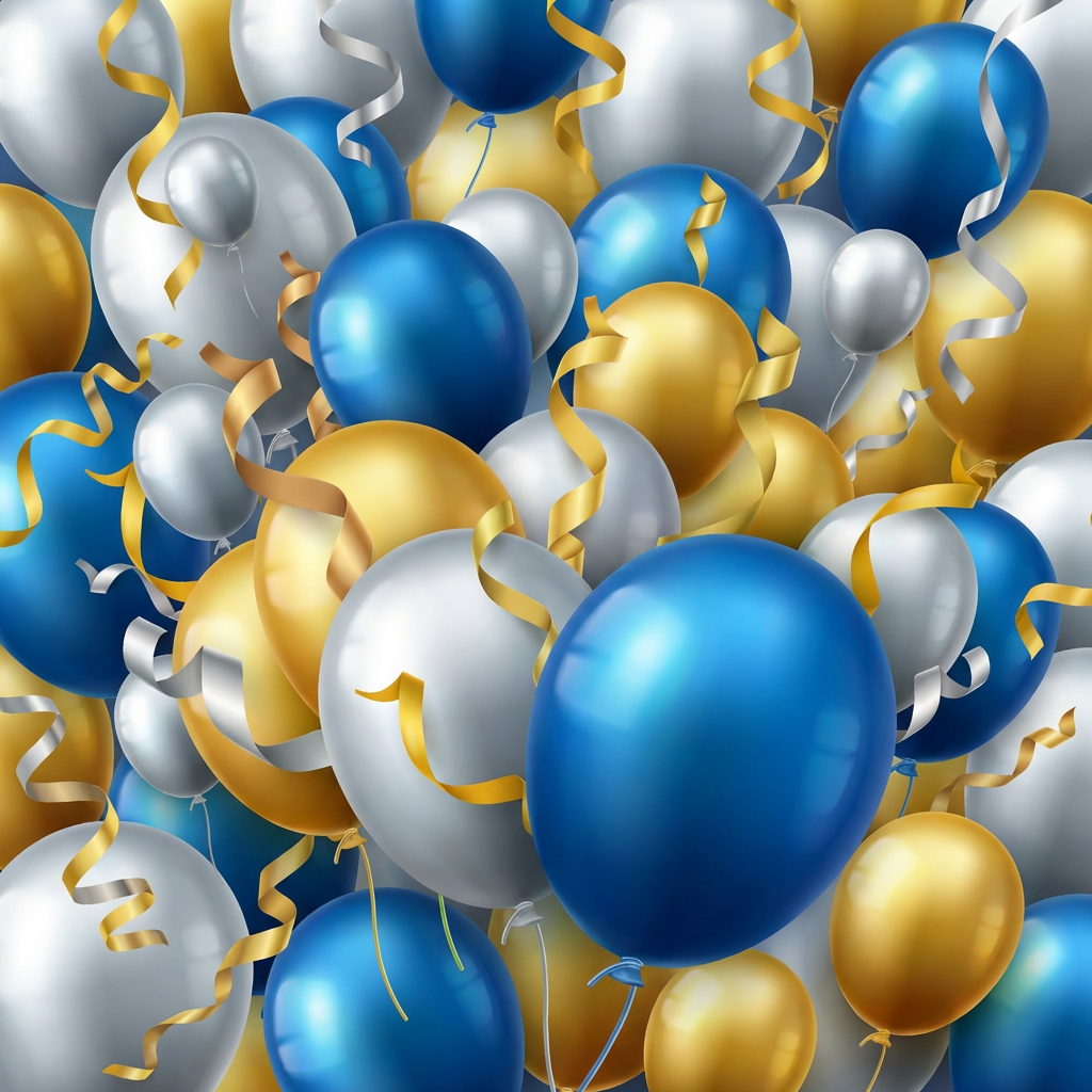 Birthday balloons and streamers on blue background