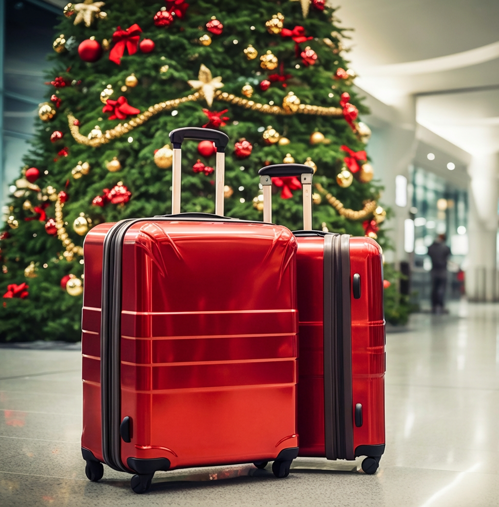 Red suitcases near Christmas tree at the airport