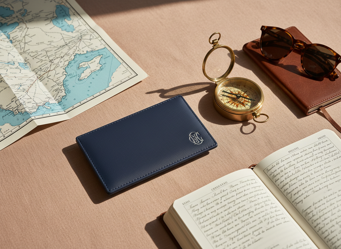 A meticulously arranged flat lay of luxury cruise travel essentials set on a smooth, sand-colored linen surface, photographed in clean, modern realism. At the center lies an embossed navy-blue cruise ticket folder stamped with a discreet silver monogram. Nearby, a vintage brass compass, a slim leather-bound itinerary notebook with elegant handwriting visible on open pages, and a pair of tortoiseshell sunglasses rest in harmonious balance. In one corner, a folded, high-quality nautical chart shows delicate inked routes across azure seas. Soft natural window light from the left creates gentle highlights on metallic edges and subtle shadows along the textured linen. The composition uses asymmetrical balance and shallow depth of field to evoke a mood of anticipation, refinement, and individually crafted journeys.
