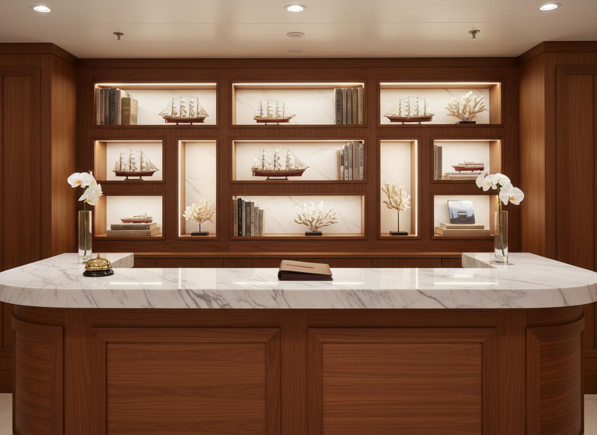 An elegant cruise ship concierge desk area without any staff present, captured in high-end photographic realism. The desk is a long, curved slab of white marble veined with soft gray, fronted by paneled walnut with subtle horizontal grain. Behind it, a wall of illuminated niches showcases curated model ships, art books, and a few sculptural coral pieces, all arranged with gallery-like precision. Soft, warm overhead lighting and concealed LED strips wash the marble in a gentle glow, creating refined highlights and minimal shadows. A sleek brass bell, a leather-bound appointment book, and a single understated orchid in a slim glass vase sit precisely spaced on the counter. Shot from an eye-level frontal perspective with sharp focus throughout, the mood is calm, impeccably organized, and quietly luxurious, suggesting bespoke, highly personalized cruise planning.